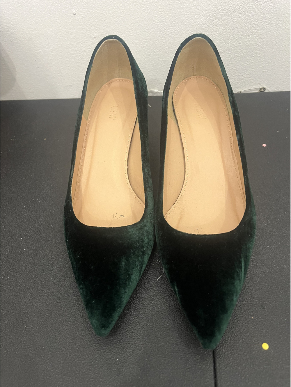 J. Crew Dark Green Velvet Pointed Toe Heels